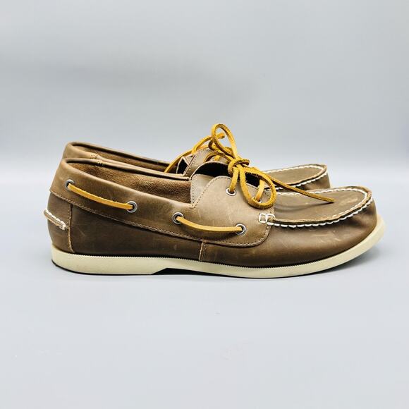 J Crew Shoes Mens 12 Brown Leather Boat Moc Toe Lace Up Slip On Casual Classic - Picture 1 of 10